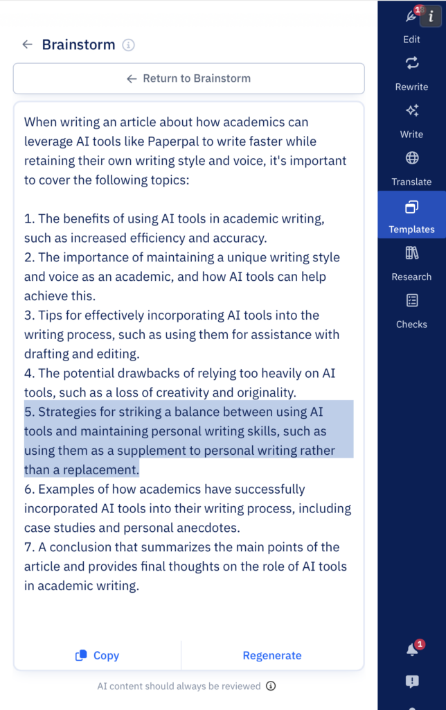 Paperpal's Brainstorm Feature